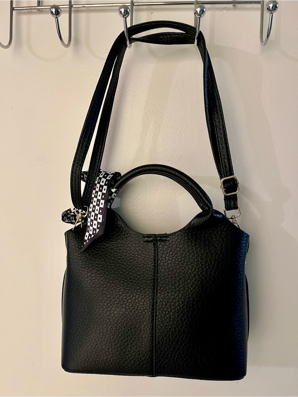 Classic Black Top-Handle Tote Bag with Scarf Accent